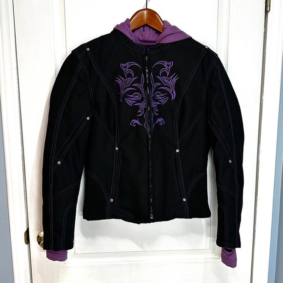 Jackets & Blazers - Women Black Purple Motorcycle Jacket Hoodie Liner Tribal Embroidery Biker Medium